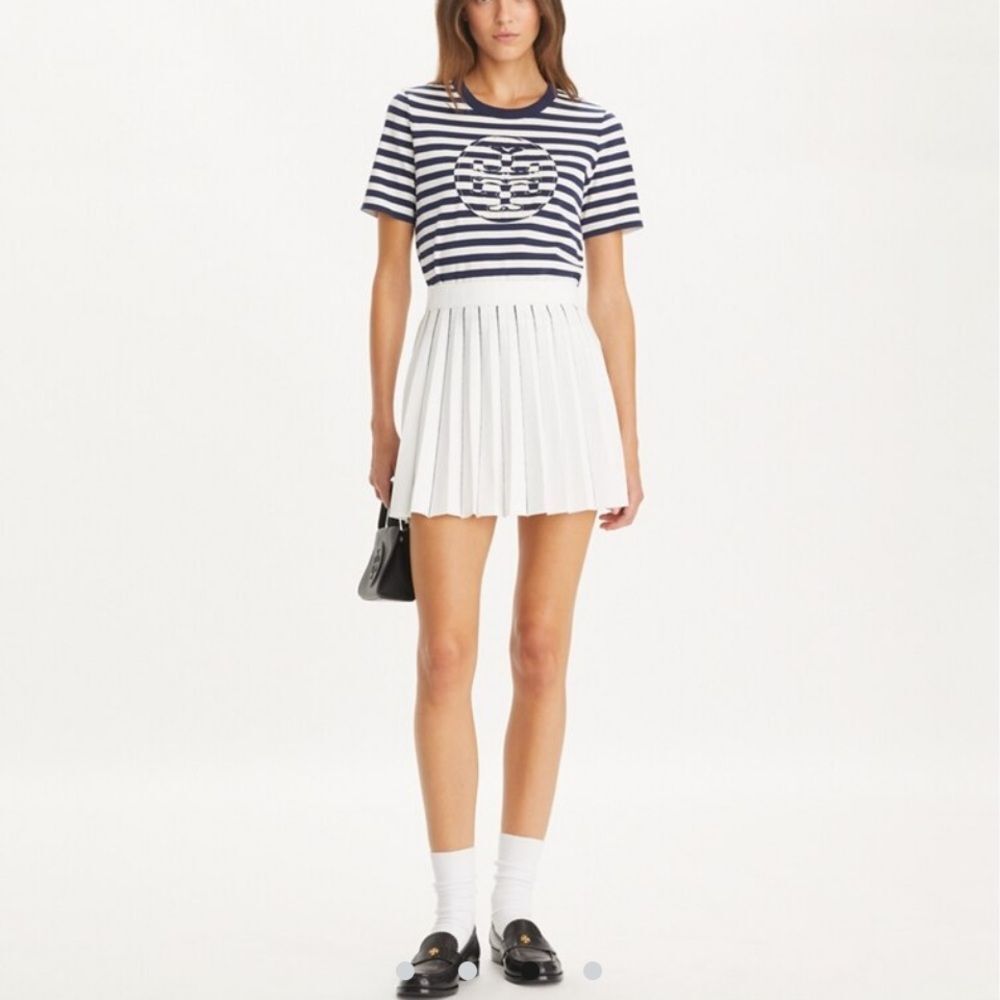 Tory Burch Navy and White Striped Short Sleeve Logo Tee - Picture 3 of 8